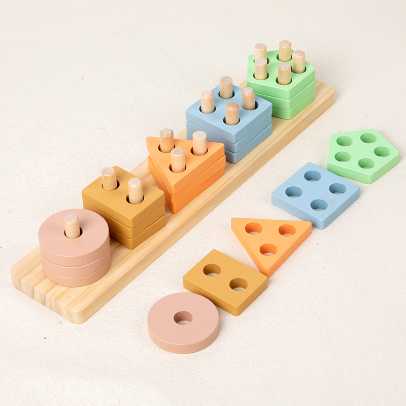 Bloques de madera de columna de madera para bebés movimiento fino educación temprana de la geometría de pares de colores juguetes de clasificación cognitiva
