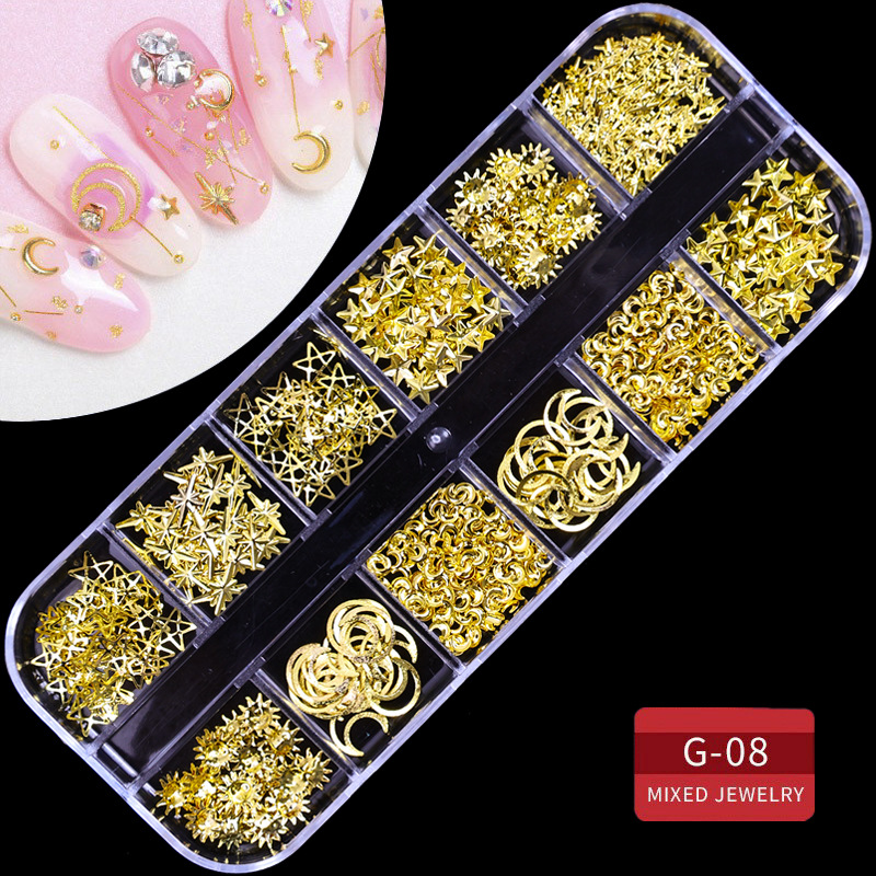 Juego completo transfronterizo de 12 compartimientos de remaches de metal, diamantes de imitación, Xingyue, piezas de concha de diamantes, accesorios para uñas, adornos para uñas