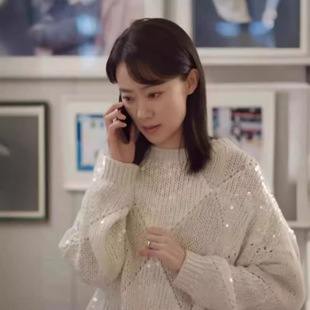 New Heavy Industry Sequins Loose All-match Spring and Autumn Lazy Long-sleeved Sweater Elegant Pullover Rhombic Hollow Knit Sweater