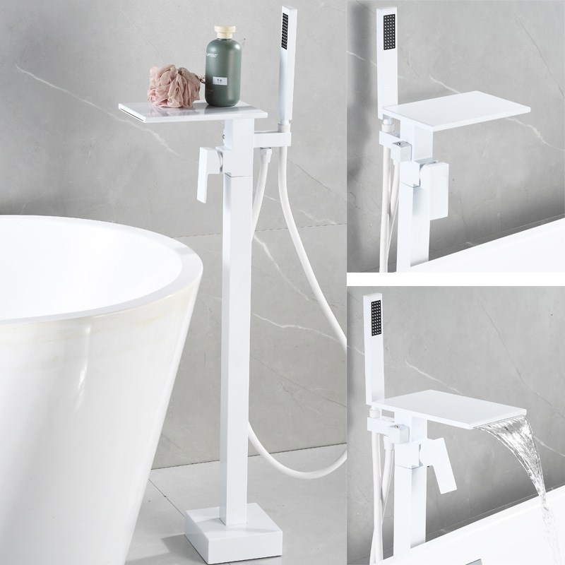 Square black and white gold edge floor-standing waterfall, rotating floor-standing bathtub, faucet, shower head, single handle, upright undefined