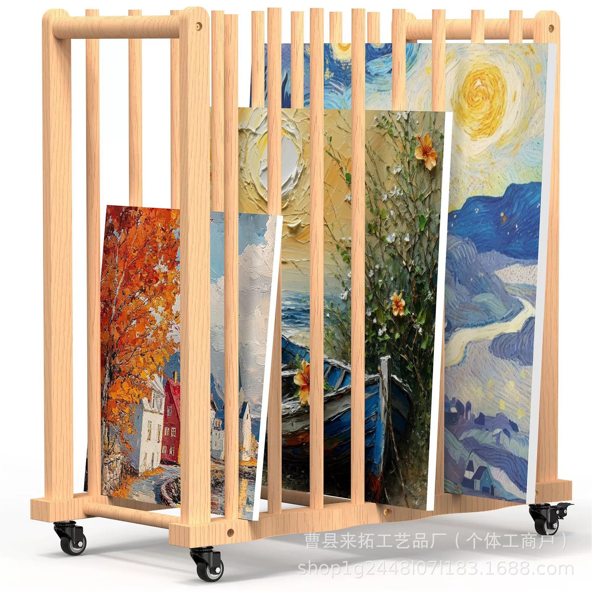 木制油画分隔收纳架艺术储物架带滑轮可移动油画晾干架美术作品架