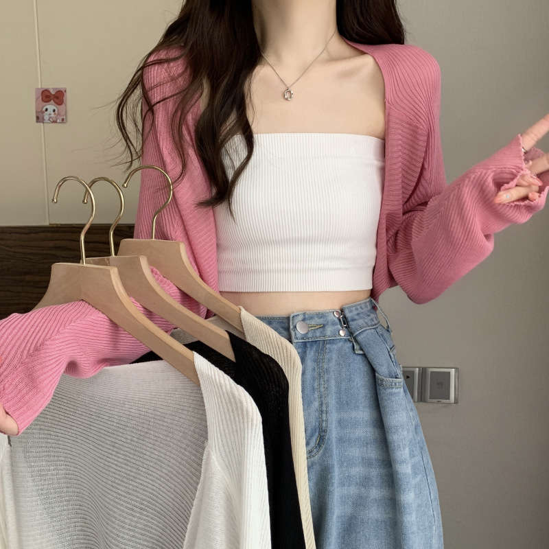 Pair It with a Suspender Top and a Knitted Sun-Protective Cardigan for Women. Short Long-Sleeved Jacket with a Super Trendy Design. Thin Summer Top Pair It with a Suspender Top and a Knitted Sun-Protective Cardigan for Women. Short Long-Sleeved Jacket with a Super Trendy Design. Thin Summer Top