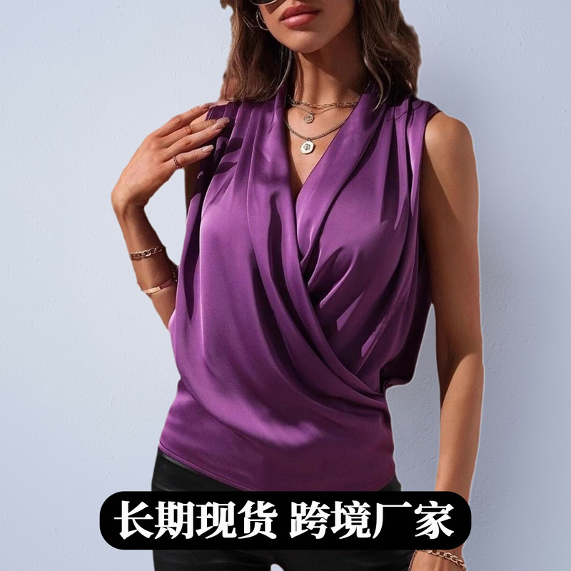 Foreign Trade Women's Clothing European and American Cross-Border Autumn Satin Shirt 2025 New Style Satin Sleeveless Pleated Sexy Shirt Wholesale