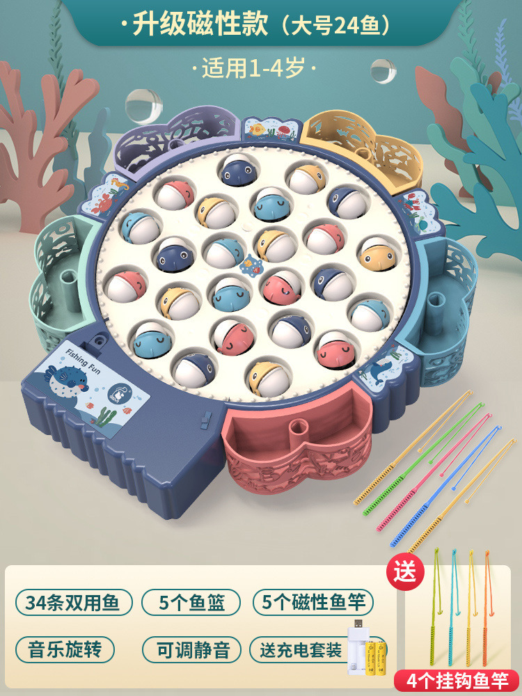 Plato de pesca eléctrico multifuncional para niños juguete música giratoria varilla de pesca magnética traje rompecabezas educación temprana regalo al por mayor