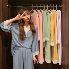 レース付きアイスシルクパジャマセット、レース縁の女性用ホームウェア、長袖長ズボンのツーピースセット、女性用ソフトでシンプルなカジュアルウェア