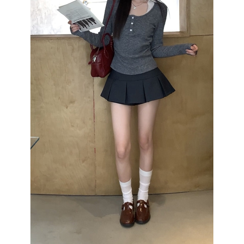 红人馆a字半身裙女夏2025新款包臀百褶裙小个子低腰裙子灰色短裙|undefined