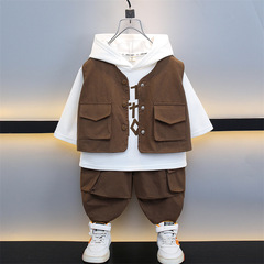 男児春服セット2025新作男児洋気カジュアルベスト3点セット子供韓国版春秋服