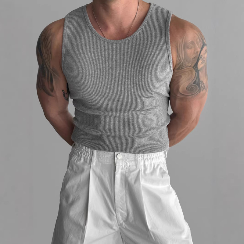 Cross-Border Summer Ribbed Tank Top Fitness Muscle-Enhancing Heavy-Duty Stretchy Undershirt Sleeveless T-Shirt for Men