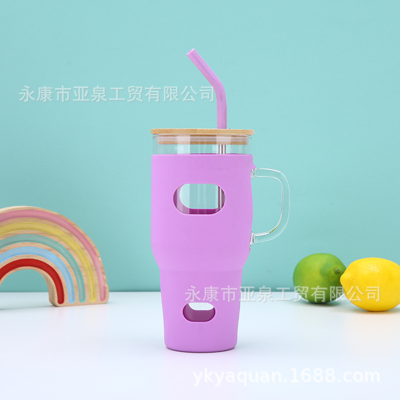 32oz vasos de vidrio transfronterizos con mango de gran capacidad portátil al aire libre cubierta de bambú cubierta de hielo con cubierta de automóvil al por mayor