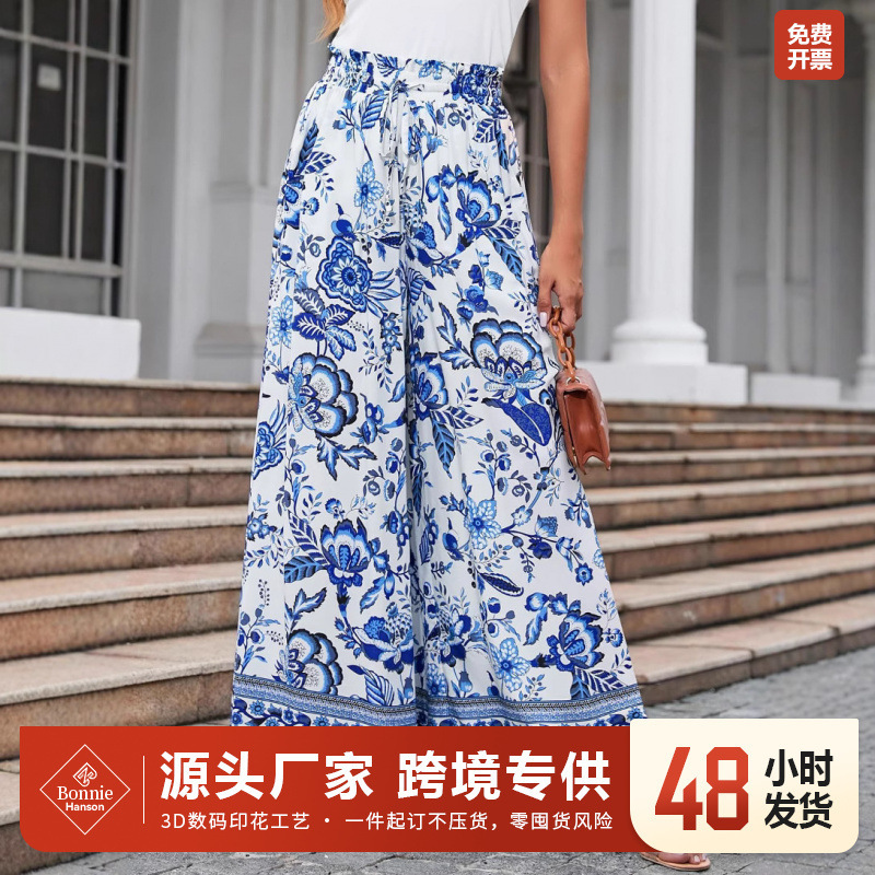 New Independent Amazon European and American Style Printed Comfortable Casual Wide-Leg Pants for Women Aliexpress Polyester Spandex