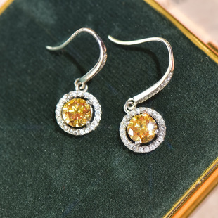 New S925 Sterling Silver Golden Moissanite Earrings Ear Hook Color Diamond Round Bag Mosane Diamond Earrings Ear Jewelry