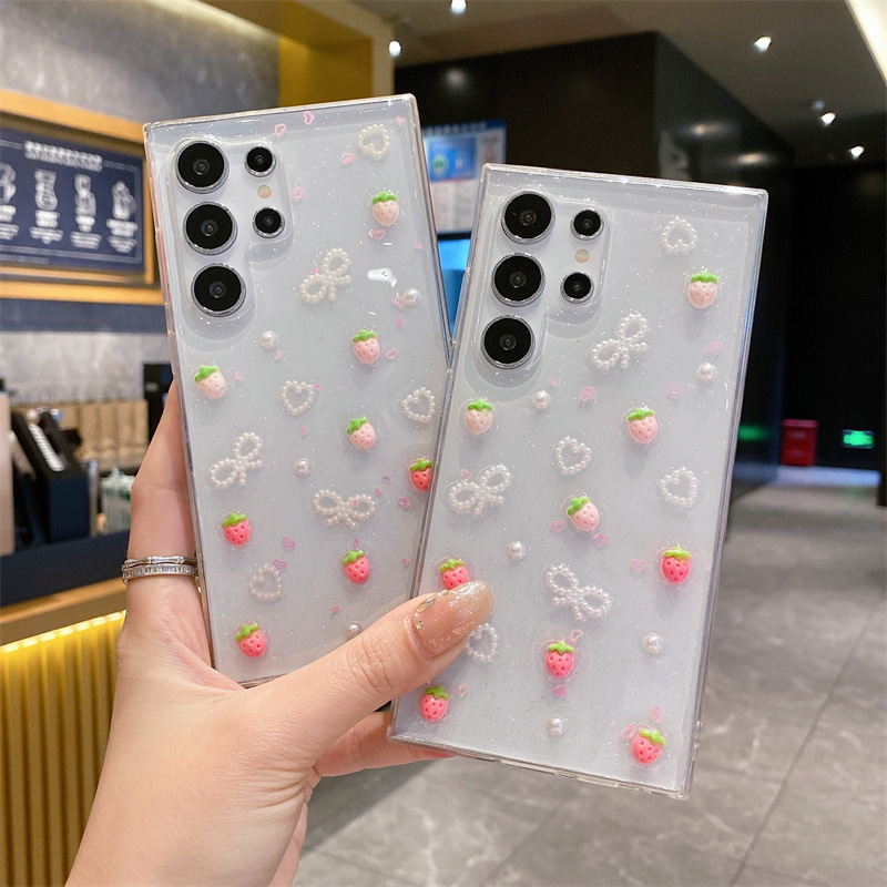Epoxy Strawberry Bow Samsung S26Ultra Phone Case Suitable for S25Fe Heart A17 Transparent A06 Simple