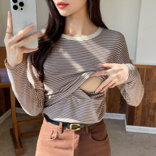 2024 Autumn and Winter New Breastfeeding Striped Thickened Cotton Skin-Friendly T-Shirt Pregnant Women's Breastfeeding Top Moon Clothes