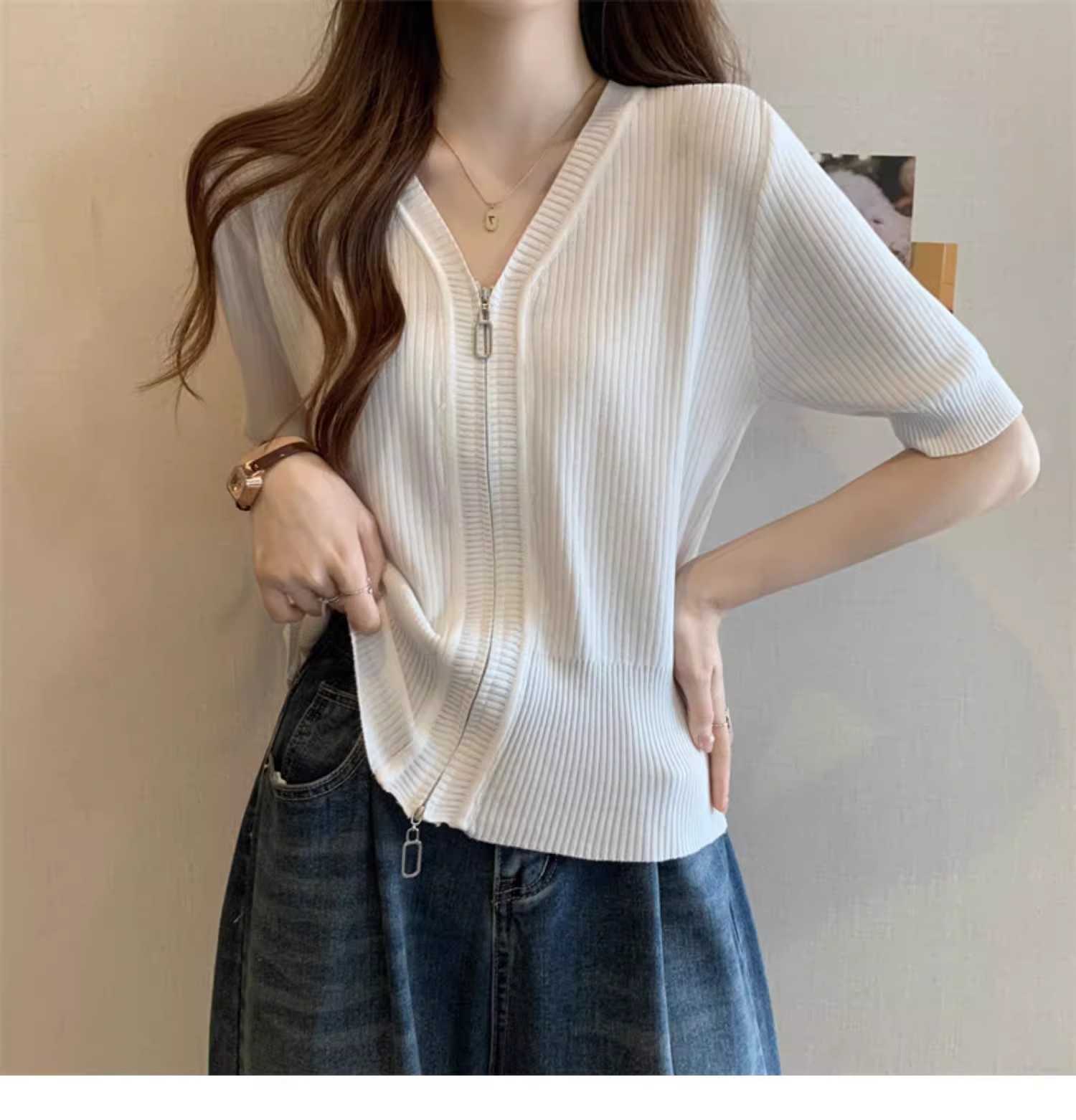 Áo len ngắn tay nữ cỡ lớn phong cách Hàn Quốc, chất liệu lụa mát, có dây kéo, che bụng hiệu quả — Màu đen chi tiết 1