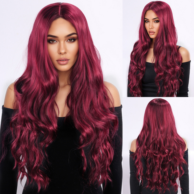 Cross-Border New Wig European and American Fashionable Women's Curly Hair Chemical Fiber Headgear Burgundy Medium Parted Long Curly Hair with Big Waves