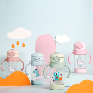 New Children's Kettle Cartoon Handle Baby Drinking Cup Portable Strap Bounce Plastic Cup Square Straw Cup