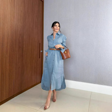 欧美外贸女装2025早秋新款时尚气质长袖翻领棉麻衬衫连衣裙长裙