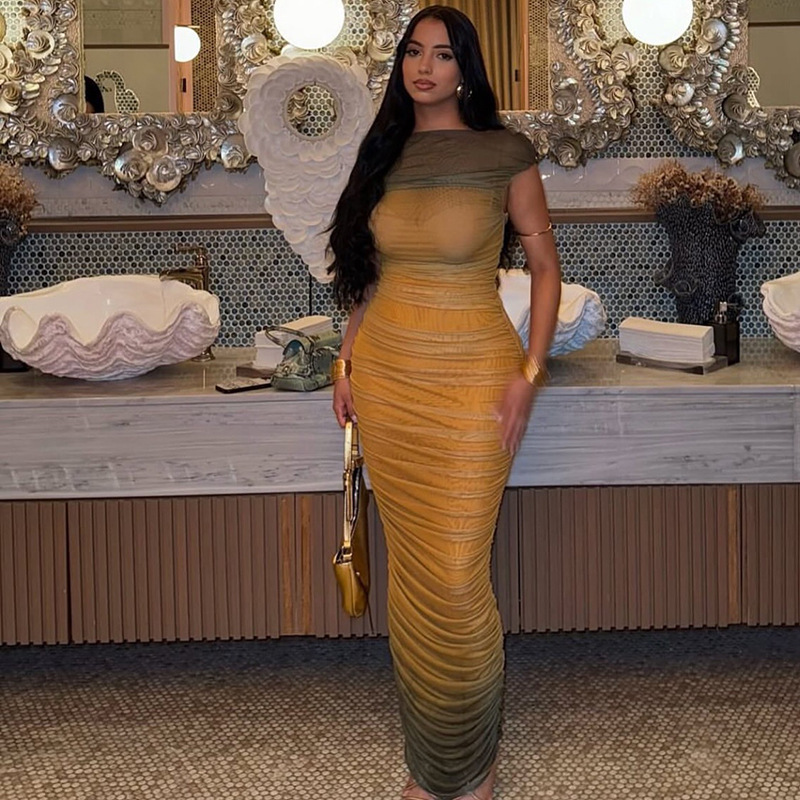 European and American Style Foreign Trade Slimming Women's Color-Block Pleated Bodycon Off-Shoulder Gradient Long Dress