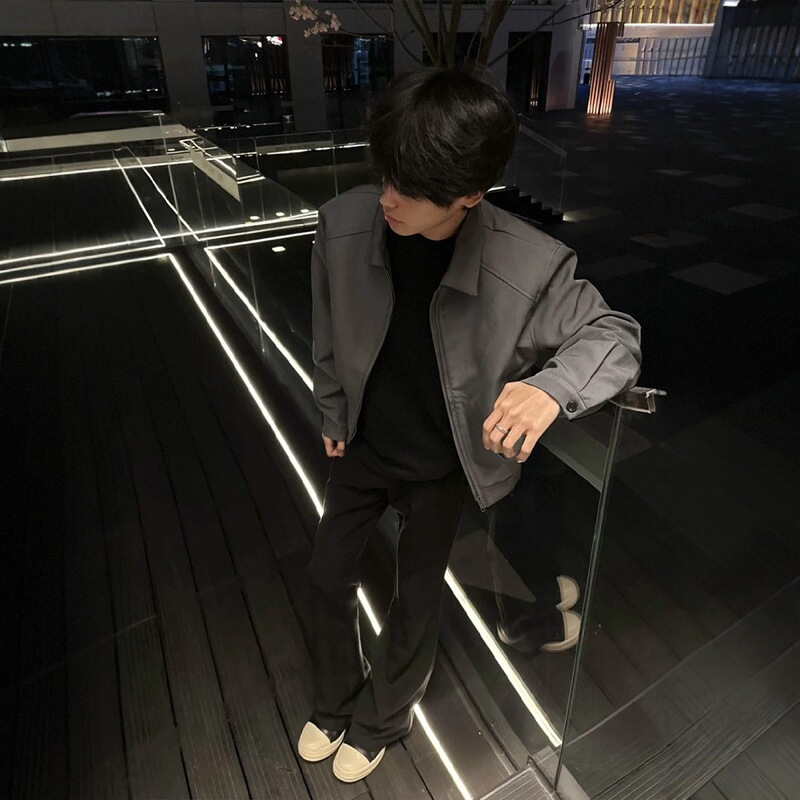 cleanfit灰色垫肩外套男春秋高级感痞帅短款美式复古翻领行政夹克|undefined