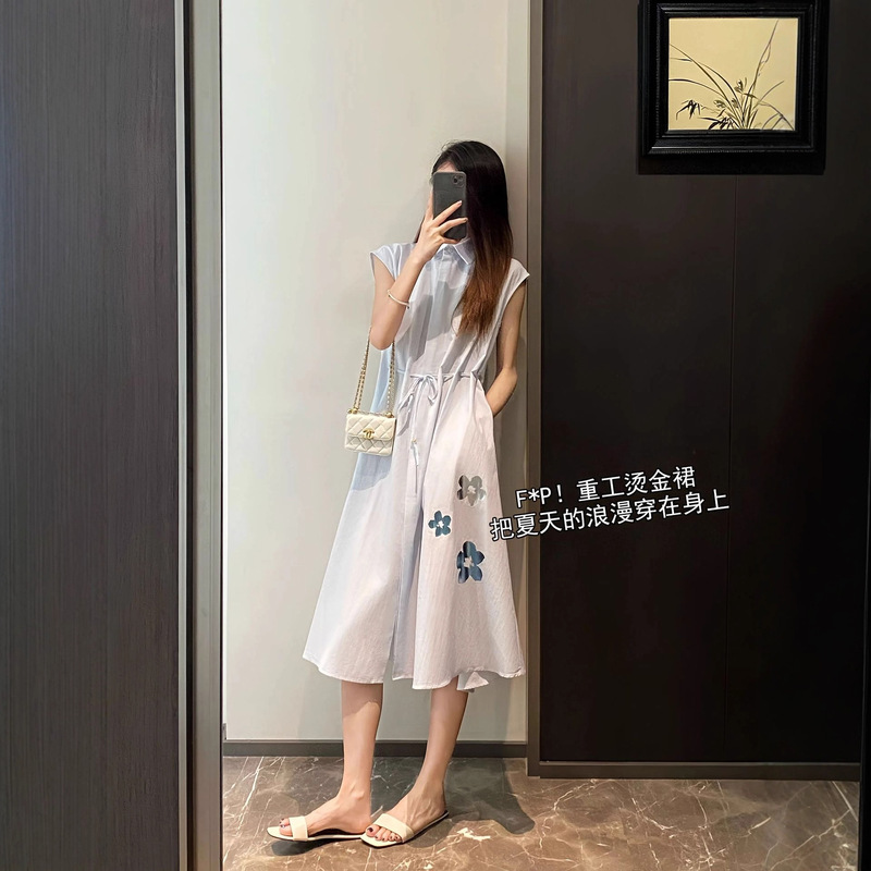 视觉降温 小众烫金印花蓝色裙子小飞袖收腰A字衬衫裙气质连衣裙女|undefined