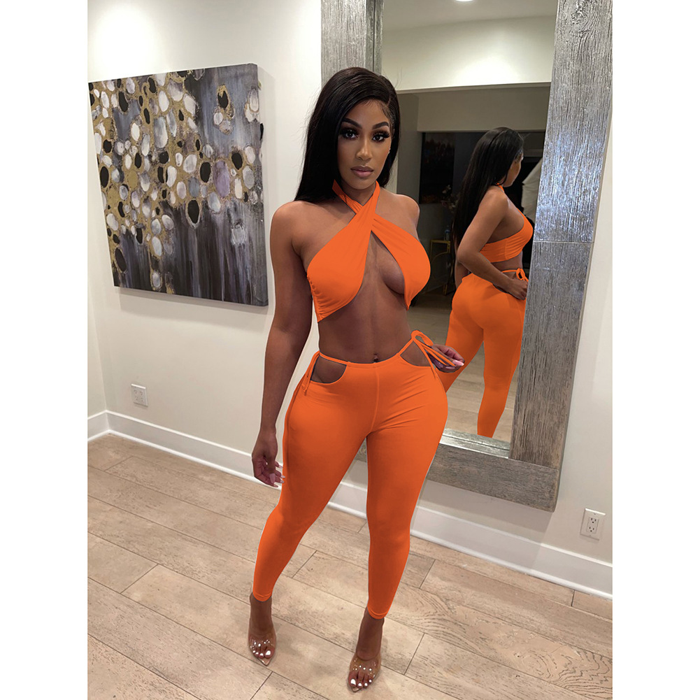 Sexy Casual Solid Color Halterneck Vest & Trousers 2 Piece Set NSFDD96221