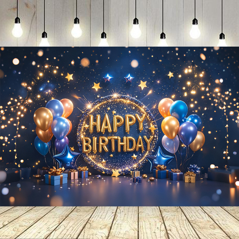 クロスボーダーブルーゴールドハッピーバースデー背景布ブルーゴールドカラーフラグバルーン誕生日パーティーの装飾吊り旗吊り布|undefined