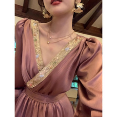 女神ヘラフレンチヘビーVネック美しいサテンドレス高級秋長袖スカートスーパーフェアリースカート