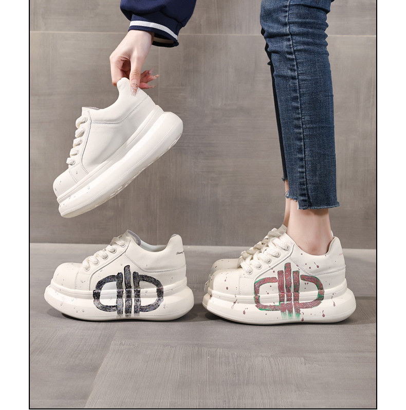 Giày sneaker nữ đế dày tăng chiều cao phong cách graffiti trắng hồng — Trắng hồng chi tiết 17