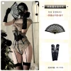 Hot girl lace jumpsuit + black lace gloves + fan
