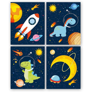 Cartoon Dinosaur Astronaut Space Rocket Planet Children's Room Baby Bedroom Canvas Decorative Painting Core Poster Frameless