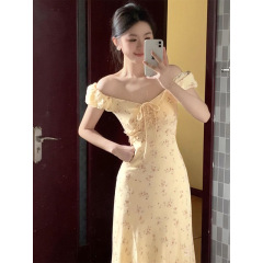 黄色の花柄ドレス、夏にぴったりの美しいミニスカート、Aライン、ウエストとヒップを包み込む、ワンショルダーロングスカート、夏にぴったりです。