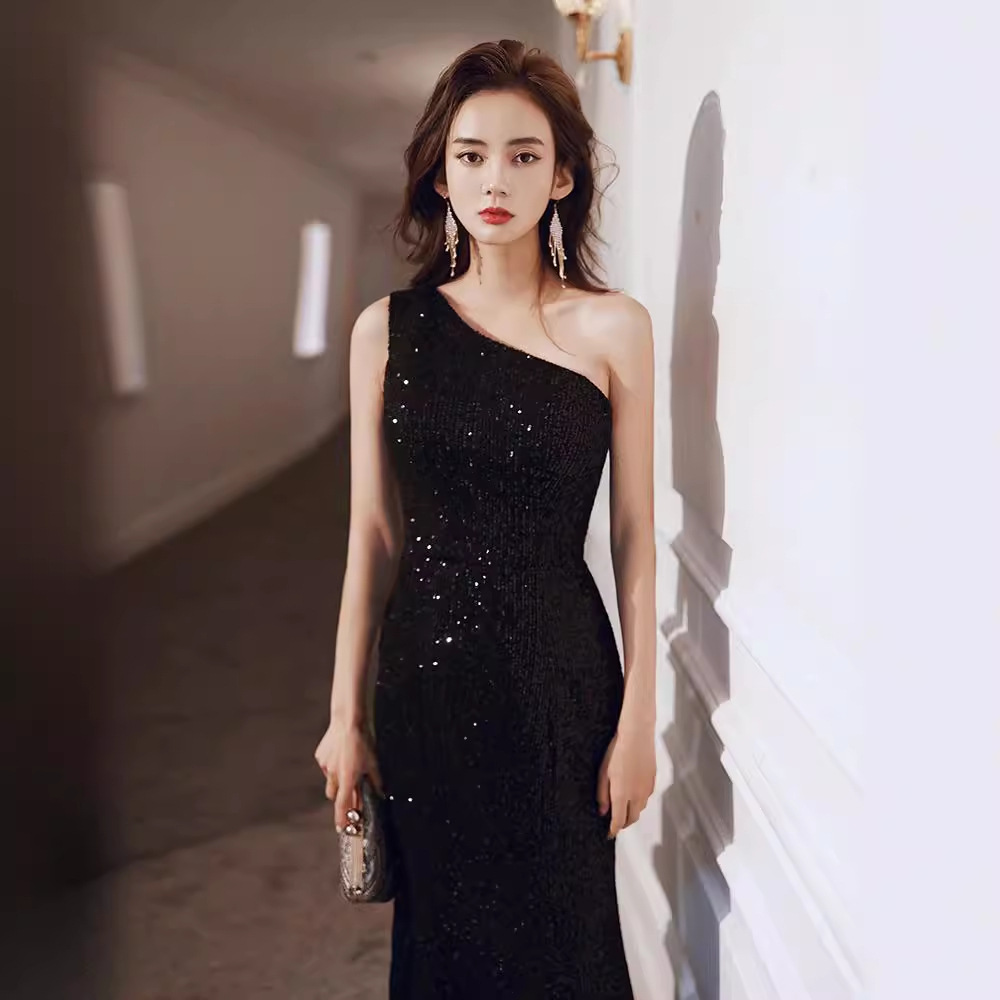 Cross-Border Wholesale One-Shoulder Evening Dress 2026 Summer New Style Banquet Dress Socialite Fishtail Black Evening Dress in Stock
