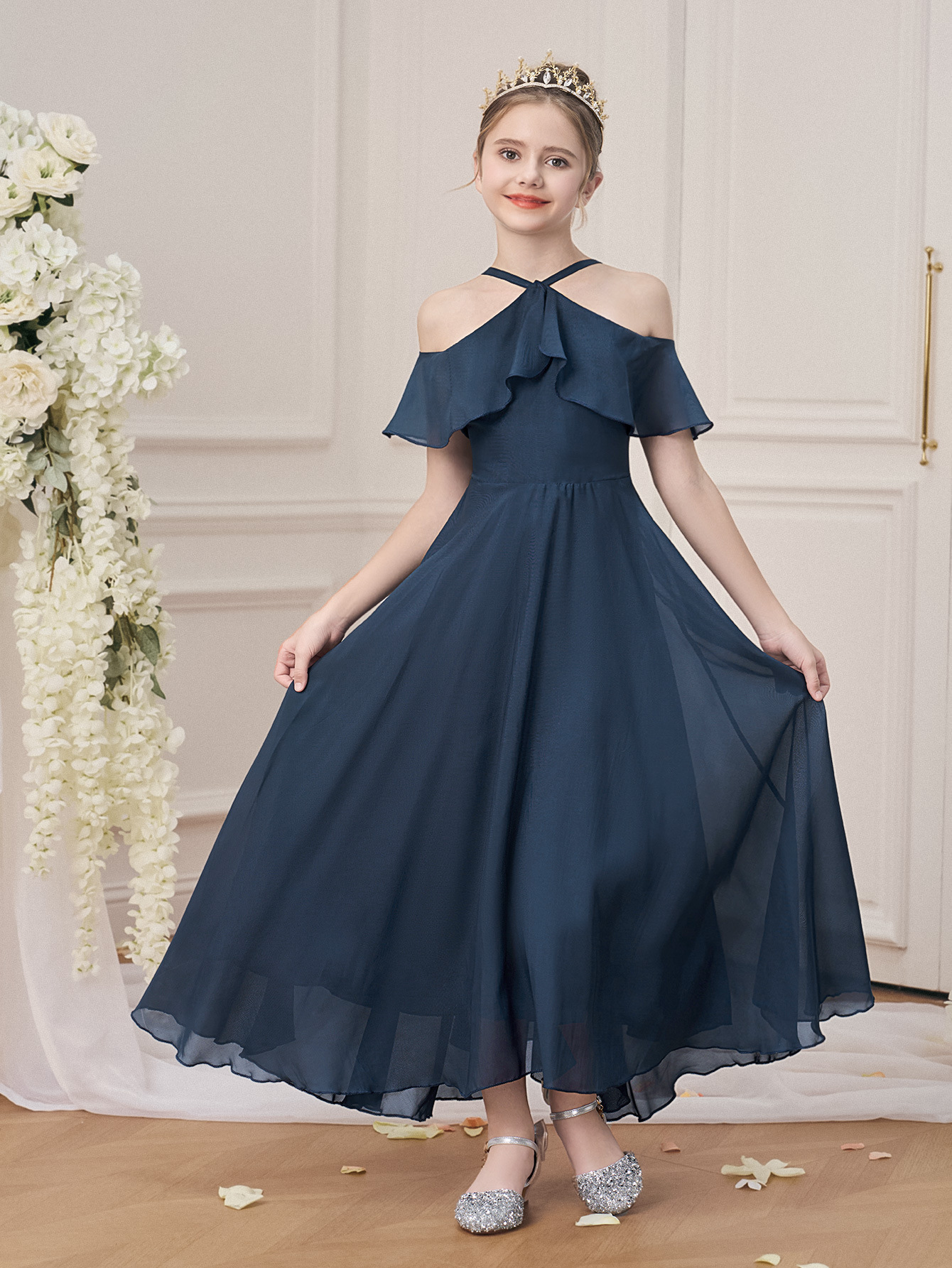 2025 nuevo vestido de cuello halter para niños grandes, falda larga de gasa de color sólido de verano, falda grande sin tirantes, falda, traje de baile