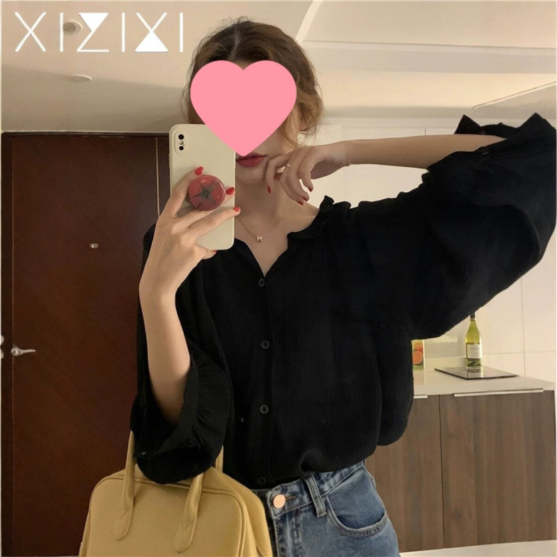 French-Style Black Chiffon Shirt for Women with Pleated Texture, Summer Lace Doll Collar, Commuter Top, Long-Sleeved Shirt