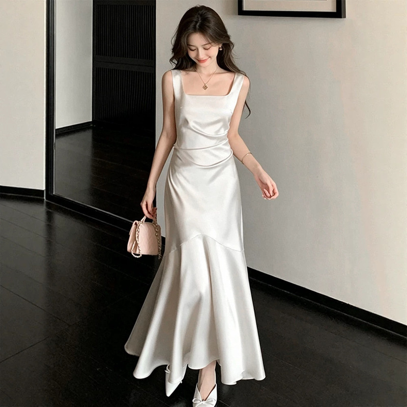 High-End White Satin Suspender Sleeveless Dress for Women, Summer Fishtail Long Engagement Party Banquet Dress High-End White Satin Suspender Sleeveless Dress for Women, Summer Fishtail Long Engagement Party Banquet Dress