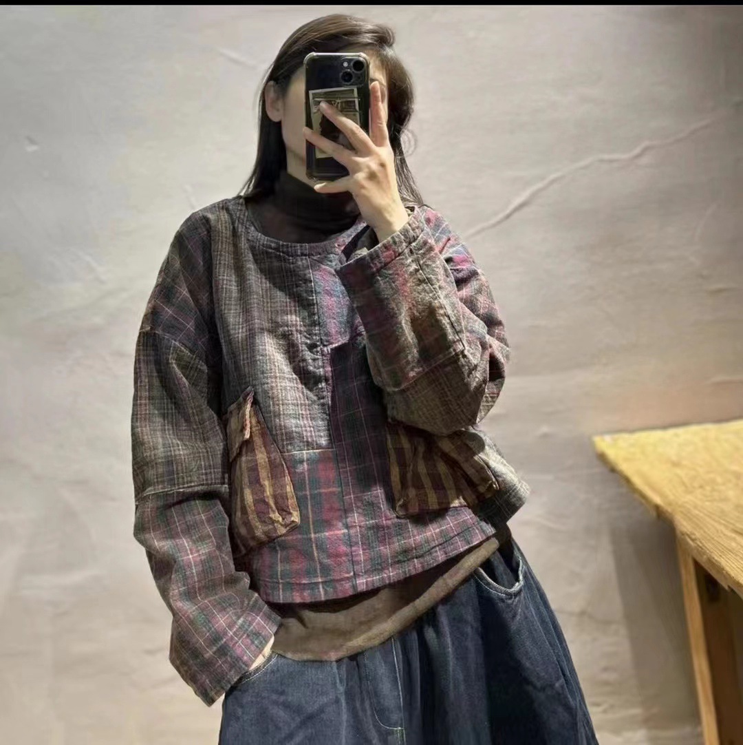 复古做旧老布不规则拼接棉衣女2023冬季撞色加厚圆领炒色套头棉服