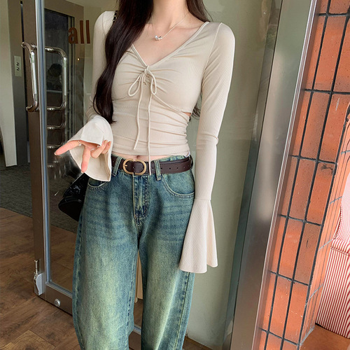 Niche cropped top with flared details, a sexy V-neck design, and sleek long sleeves—perfect for a chic, edgy, and feminine vibe.