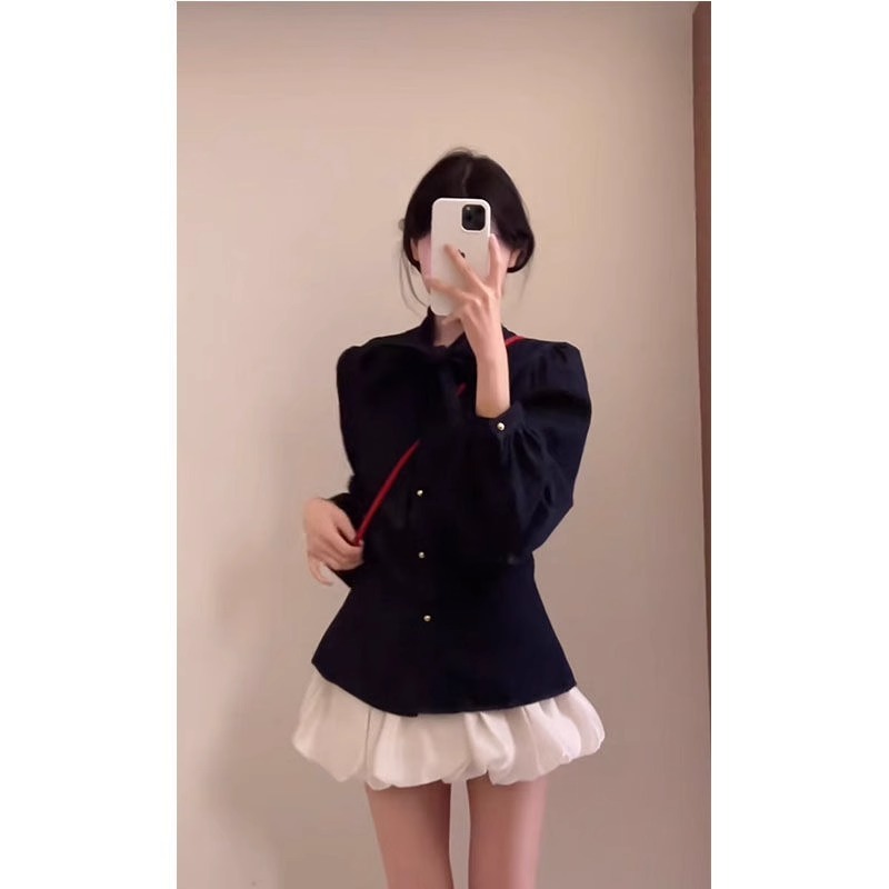 春季小众高级感套装女2025新款设计感长袖衬衫显瘦花苞短裙两件套|undefined