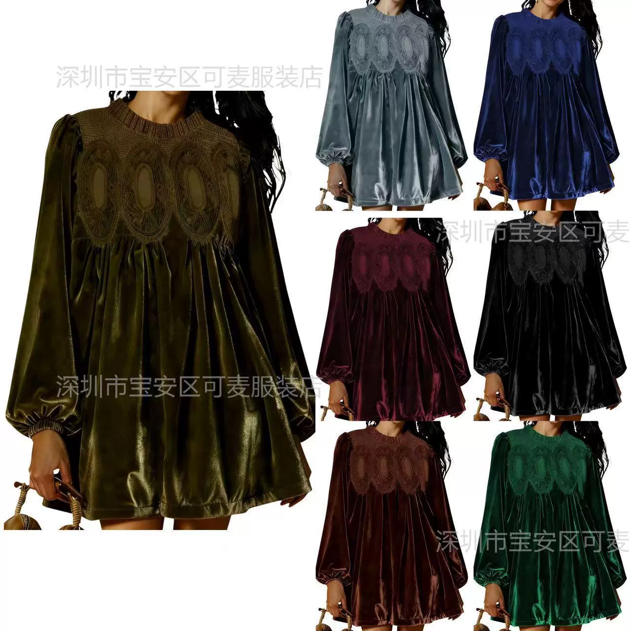 欧美外贸跨境春秋新款高端丝绒气质木耳边领拼接蕾丝长袖连衣裙女
