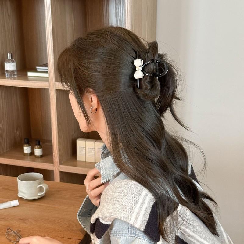 甜美奶油春夏醋酸黑白蝴蝶结发抓女小香后脑勺盘发鲨鱼夹发夹发饰|undefined