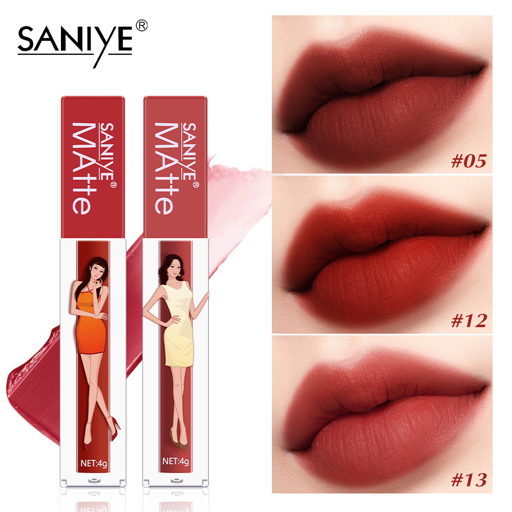 SANIYE cross-border tropical beach girl's small square tube lip gloss matte non-stick cup mouth Red easy to color lip glaze