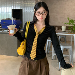 polo领撞色格纹领带长袖t恤韩系女秋季设计感修身内搭打底衫上衣