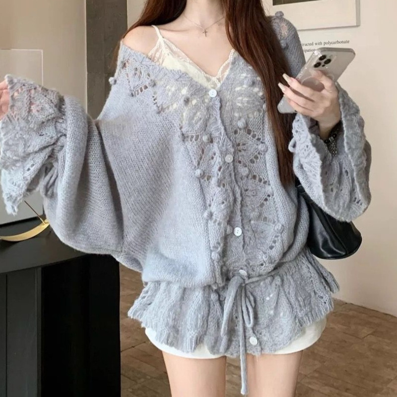Korean-Style Gentle Style Hollow Lace Collar White Knitted Cardigan for Women 2026 Spring New Loose Waist-Cinching Top Korean-Style Gentle Style Hollow Lace Collar White Knitted Cardigan for Women 2026 Spring New Loose Waist-Cinching Top