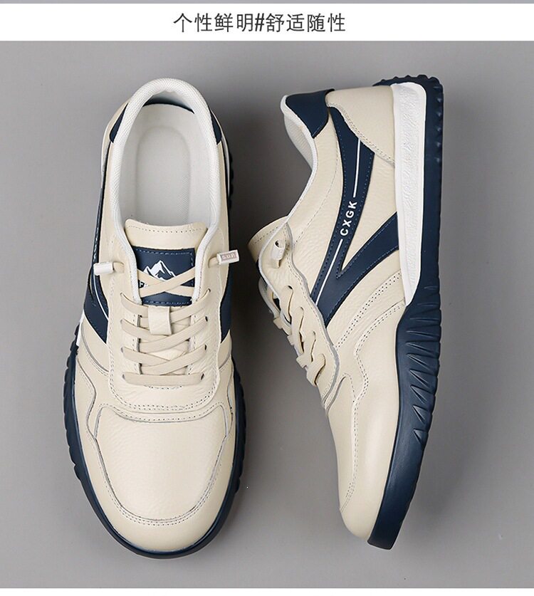 Giày thể thao nam da mềm đế mềm thoáng khí phối sọc, kiểu sneaker cổ thấp — màu trắng ngà, đen, Lớp đầu màu be 6002, Đen đầu lớp 6002 chi tiết 18