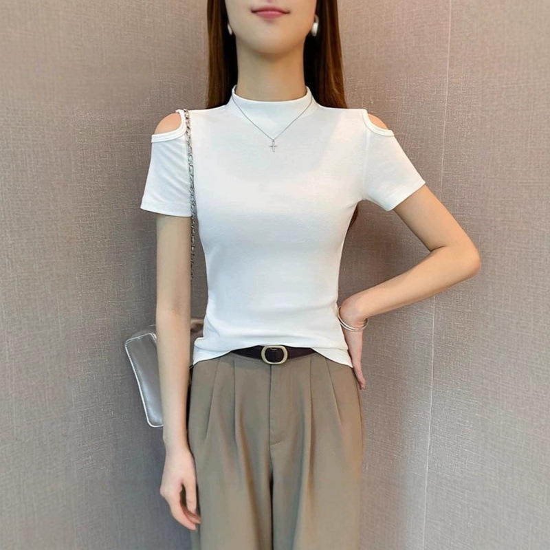 2025 뉴 화이트 하프 터틀넥 오프 숄더 반팔 티셔츠 여성 봄, 여름 슬림 코튼 이너 중간 칼라 반소매 탑