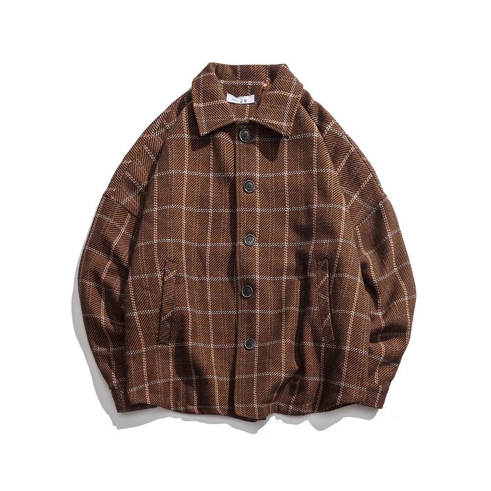 Woolen Plaid Jacket For Men, Loose, Trendy, Retro, Casual, Versatile, Student Top, Workwear Jacket_voghion.com