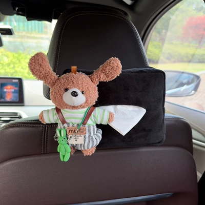 Car tissue box/set armrest tissue box, car interior - black-plush-tissue-box-light-brown-bear-green-striped-top-gray-and-white-striped-overalls-green-rabbit-pendant