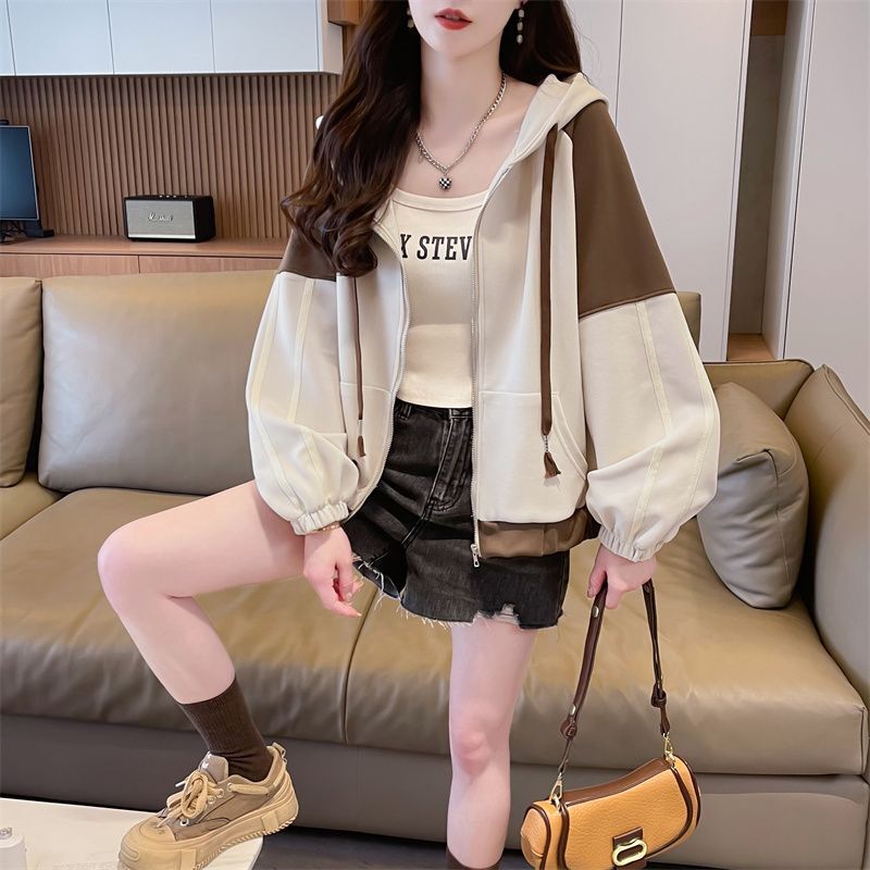 Spring Hooded Contrast Short Coat Women's Spring and Autumn Thin 2025 New Loose plus size Small Cardigan Sweater