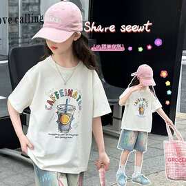 女童夏季时尚套装中大童洋气印花短袖韩系涂鸦牛仔中裤时尚两件套