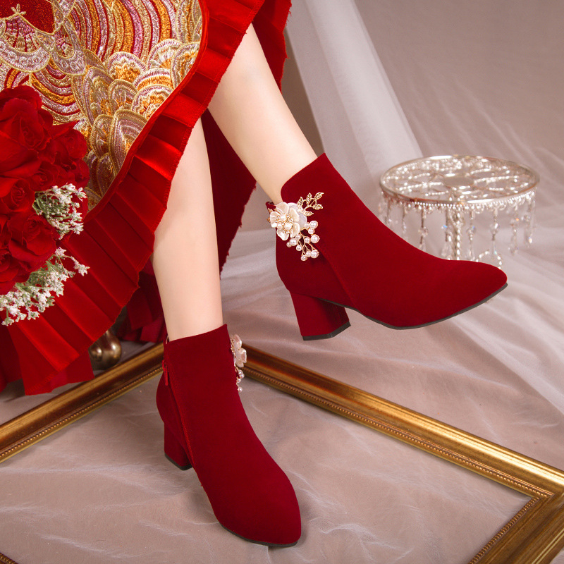 2022 New Arrival Engagement Red Coarse Heel Bridal Shoes Female Xiuhe High Heels Beaded Flower Wedge Heel Shoes Winter Ankle Boots
